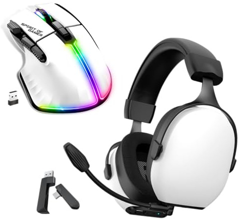 Spirit Of Gamer, Pack Casque + Souris, Casque Gaming sans Fil Bluetooth et WiFi, Son Surround 7.1, Micro Détachable, Souris Gamer sans Fil RGB pour PC, 8 Boutons Programmables