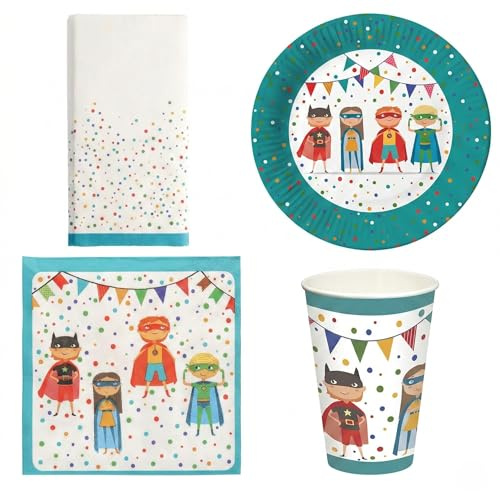 Ameisenkeks Ensemble de vaisselle de fête durable pour anniversaire d'enfant de super-héros - 41 pièces - Avec assiettes, gobelets, serviettes et nappe