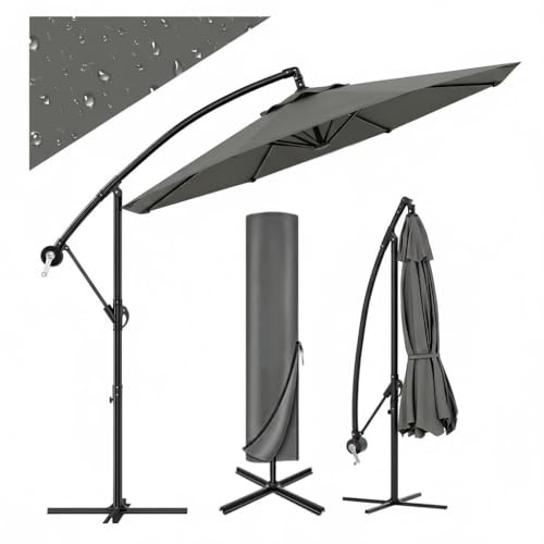 Garvee Garden Parasol with Base Included 3m, Patio Umbrella,Cantilever Parasol with Hand Crank, 360° Rotating Banana Patio Umbrella For Garden Dining Set, UV50+ Sun Shade For Patio Deck Outdoor