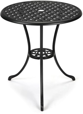 GarveeMore Mesa bistró Redonda de Aluminio Fundido para Exterior - Resistente a la Intemperie - Orificio para sombrilla - Ideal para Patio, jardín, balcón o terraza - Estilo rústico - Negro