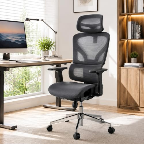 Garvee Chefsessel Bürostuhl, Ergonomischer Bürostuhl, 4D-verstellbare Armlehnen, Verstellbare Rückenlehne mit arretierbarem Neigungswinkel, Robustes Stahlfußkreuz, Drehstuhl 160 kg
