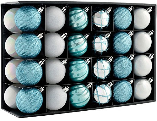 WeRChristmas Shatterproof Luxury Christmas Tree Baubles,Plastic, 48-Piece - Silver/Blue/White
