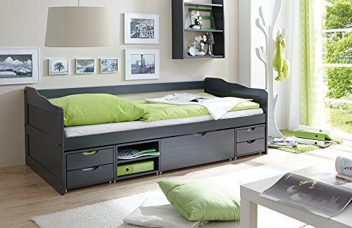 TiCAA Einzelbett Sofabett Funktionsbett, Marlies mit Schubkasten für Schlafzimmer, Kinderzimmer Kiefer Massivholz Bettgestell 90 x 200 cm