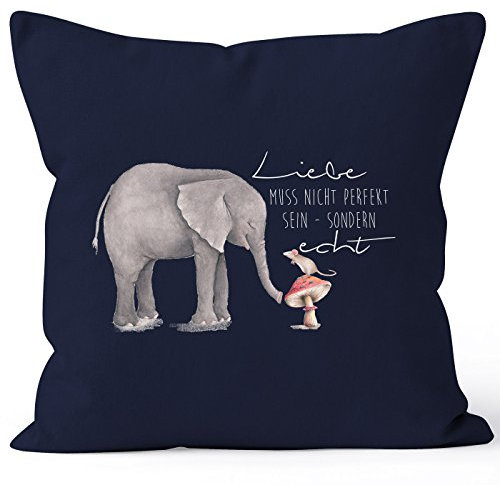 MoonWorks Kissenbezug Geschenk Liebe muss Nicht perfekt Sein sondern echt Elefant Maus Kissen-Hülle Deko-Kissen 40x40 Baumwolle Navy 40cm x 40cm