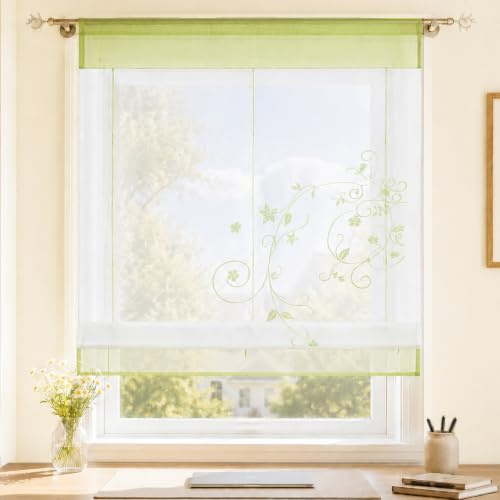 Joyswahl Raffrollo Voile Raffgardinen mit Tunnelzug Alina 80x100cm Grün | Deko Gardinen 1er Pack, Landhausstil, Fensterrollo innen mit Stickerei, Transparent, für Wohnzimmer Küche Büro