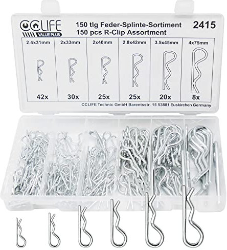 CCLIFE 150tlg Federstecker Federsplint Sortiment Edelstahl 2 - 4mm Verzinkt R Clips Federvorstecker