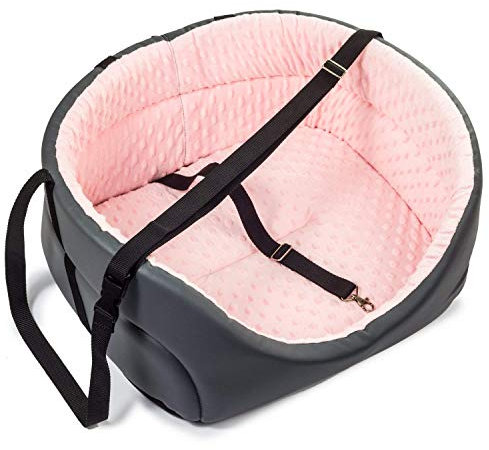 BOUTIQUE ZOO Esclusivo seggiolino Auto per Cani, Gatti, Sedile Posteriore, passeggero | Lettino, Borsa per Cani | Colore: Grigio, Rosa - Finta Pelle e Tessuto Felpato | Grande: L: 56 cm x 48 cm