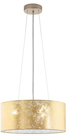 EGLO Pendelleuchte Viserbella, 3 flammige Hängelampe Vintage, Hängeleuchte aus Stahl und Textil in Champagner, Gold, Esstischlampe, Wohnzimmerlampe hängend mit E27 Fassung, Ø 53 cm
