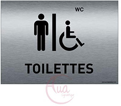 AUA SIGNALETIQUE - Plaque de porte Aluminium brossé imprimé AluSign - 210x150 mm - Double Face adhésif au dos (Toilettes H/Handicap)