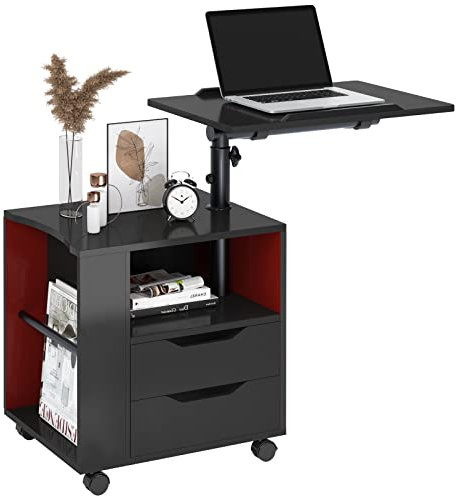 SogesHome Table de Chevet pour Chambre à Coucher Table de Nuit Commande avec Tiroir Armoire de Rangement avec Plateau Pivotante, roulettes Universelles Verrouillables, Noir