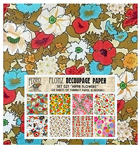 Decoupage Paper Pack (24 Sheets 6x6) Hippie Flowers FLONZ Vintage Styled Paper for Decoupage and Craft