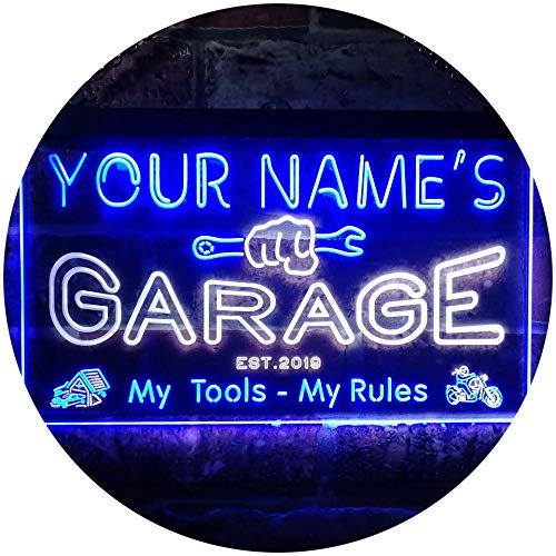 ADVPRO Personalized Your Name Est Year Theme Garage Man Cave Deco Dual Color LED Neon Sign White & Blue 300 x 210mm st6s32-pp1-tm-wb