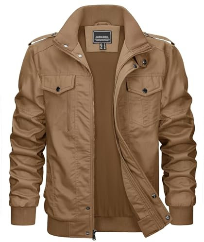 KEFITEVD Giacca militare da uomo con colletto alto, in cotone, giacca da aviatore, con tasche multiple, cachi, XXL