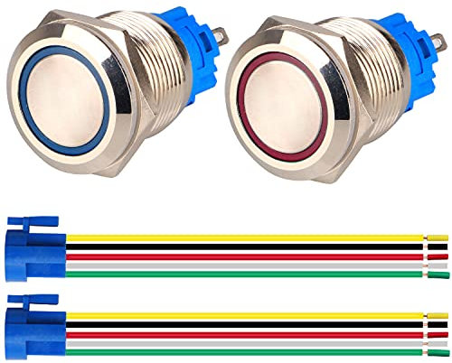 GUUZI 2 pezzi Pulsante Momentaneo 1NO1NC Guscio in Acciaio Inossidabile Impermeabile 220V-230V/5A Anello LED Pulsante Illuminato con Presa filo Adatto per foro di Montaggio da 19mm (Blu+Rosso)