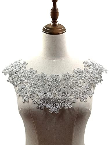 Bestickte Blumen Blüte Spitze Kragen Applikation,Stickerei Spitzenbesatz Häkelspitze Patch Spitzemotiv Applique Patches Einsatzkragen für Nähen Handwerk Kostüm Hochzeitskleid Brautkleid Deko,Silber