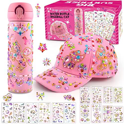 Geschenke für Mädchen DIY Trinkflasche und Baseballkappe, Schulanfang Notizbuch Geburtstag Geschenk Mädchen 4 5 6 7 8 9 10 11 12 Jahre, Bastelset Kinder Selbst Gestalten Kappe mit Glitzer Aufkleber