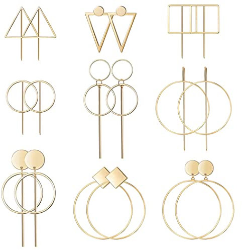 JeweBella 9 Paar Hängend Ohrringe für Damen - Hypoallergen Knorpel Matt Geometrische Großer Runder Böhmische Tropfen Set - Silber/Gold