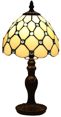 FUMAT Tiffany Tischlampe, Retro Deko Lampe Tischleuchte Nachttischlampe, Bunte Glas Lampenschirm, Mit E27 LED Glühbirne, für Schlafzimmer Wohnzimmer (1 Stück White Perle)