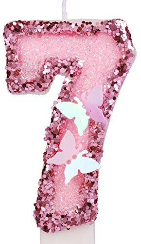 7,5cm Geburtstag Nummer Kerzen, Glitzernde Zahlenkerze Rosa Zahlenkerzen Kuchenaufsatz Schmetterlings-Geburtstagskerzen mit Pailletten für Jubiläumsfeiern (Nummer 7)