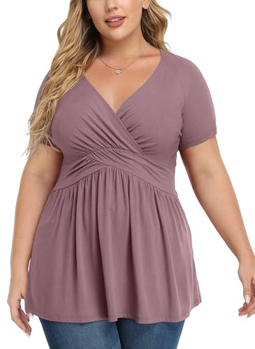TIANZHU Women's Plus Size Casual Top Stylish Dressy V-Neck Empire Waist Tunic Lightweight Short Sleeve Blouse, Mauve, Size 22-24