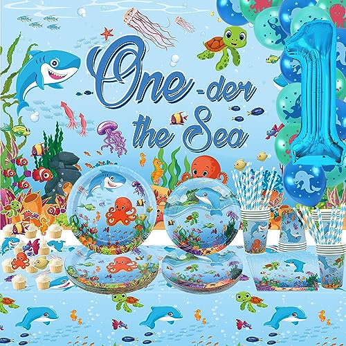 Obussgar Under the Sea Forniture per Feste Ocean Sea Party Set di Stoviglie Piatti Tovaglia Sfondo Palloncini Cake Toppers per Decorazioni per Feste di Compleanno, per 20 Persone