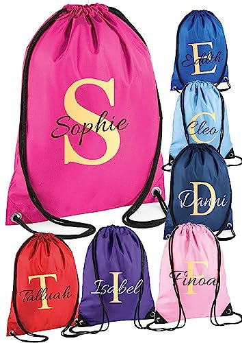 TM THREADS Personalised Monogram Initial & Script Name Drawstring Bag, School Bag, Sports Club, PE Bag, Custom Name, Children's Sports Girls Swim Bag