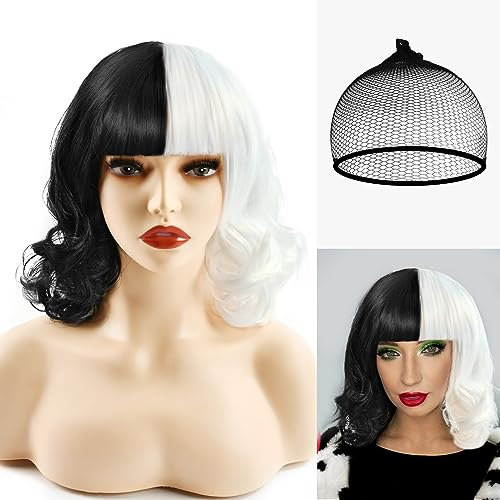 Perücken Damen Halloween Schwarz Weiße Perücke Frauen Perücken mit Pony für Halloween Festival Party Cosplay, Tägliches Tragen
