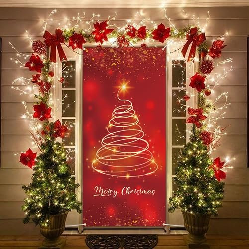 AOLOA Bannière de Noël à suspendre - Rouge et doré - Extra longue - Décoration de porte pour la maison, l'intérieur et l'extérieur - Décoration de fête de Noël, Or Rouge.