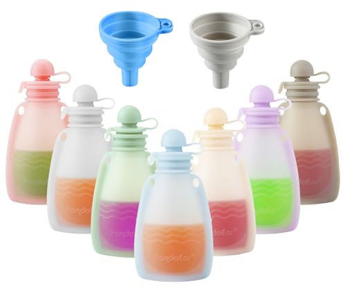 PandaEar Pochettes de Nourriture pour Bébé en Silicone Réutilisables, Lot de 7 Pochettes à Presser pour Tout-Petits, Stockage de Nourriture pour Bébé Rechargeable en Silicone sans BPA, 160 ml