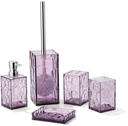 Clear Acrylic Bathroom Accessories Set - Rust-Free, Transparent Design - Includes Soap Dispenser, Toothbrush Holder, Cup, Soap Dish, and Toilet Brush 5-Piece (Lavender Purple)