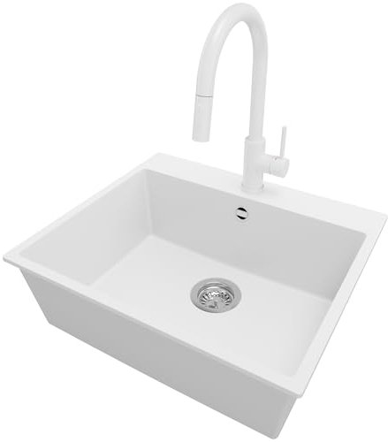 PRIMAGRAN Lavandino da Cucina Bianco 58x50cm, Lavello in Granito a 1 vasca + Rubinetto 40x20cm + Sifone Classico, Lavabo Incasso al mobile 60cm - Riga S186