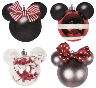 Divas World Disney Mickey & Minnie Mouse 4 Stück Dekorative Kugeln: Festliche Weihnachtsdekoration Hängende Ornamente (Rot & Schwarz Kugel)