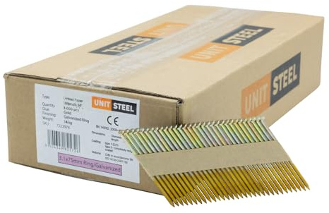 UnitSteel 34° Halbkopf-Streifennägel - 3,1X75mm, 3.000 stück, Nägel für Druckluft-Nagler, D-Kopf, Ring/Verzinkt, für fast alle Marken von Tackern