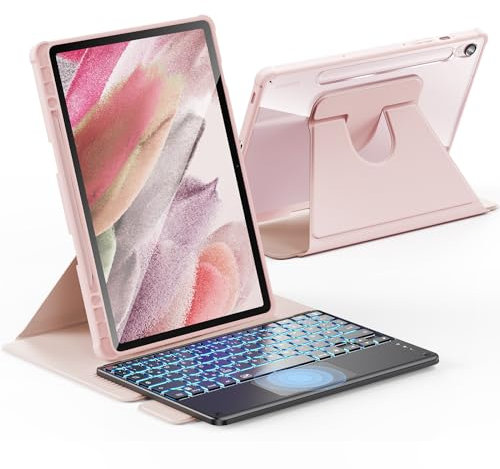 INFILAND für Samsung Galaxy Tab S9 FE/S9 Hülle mit Tastatur [Hochpräzises Trackpad &7 Farben Hintergrundbeleuchtung], 360 Grad Drehbare Abnehmbare Kabellose Tastatur mit Stifthalter, Rosa