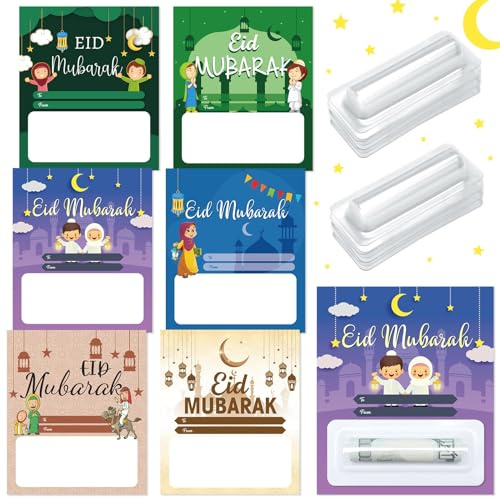 Trandraft 24 Sets Eid Mubarak Geldhalter Eid Kid Geschenke 24 Stück Eid Mubarak Karte Ramadan Grußkarte 24 Stück DIY Geldkartenhalter Kunststoff Geldhalter Kuppel für Kinder Ramadan Party Supplies