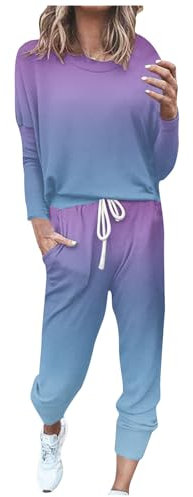 Tute Donna Complete Set - Colore Sfumato Sportiva Casual Pigiami Due Pezzi Donna Con Pantaloni a Gamba Larga Elegante Primavera e Estate per Yoga Jogging Training Sportwear da Casa