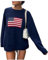 SANSIWU Y2k Damen-Pullover, Vintage, Lässig, Langärmelig, Rundhalsausschnitt, Locker, USA-Flagge Bedruckt, Sweatshirt Mit Adretter Gestreifter Optik, A-Marineblau, S