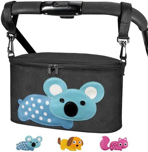 Bello it Borsa per Passeggino o Carrozzina, Borsa porta oggetti universale, Design animali colorati, Leggera e Capiente con ganci e tracolla inclusi Tema: (Koala) colore : Nero