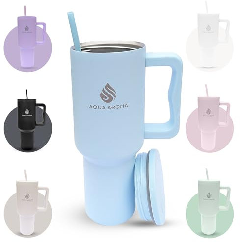 AQUA AROMA 40oz Tumbler with Straw and Lid | Insulated Cup | Stainless Steel Double Wall Water Bottle | Iced Coffee Cup | Travel Mug with Handle 1.2 litres | Gifts for Women and Men | Gym Mug (Blue)