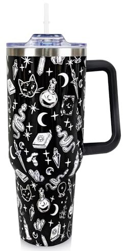 Goth Trinkbecher mit Griff und Strohhalm, 1,2 l, Halloween, Gothic, Kaffee, Reisebecher, Wasserflasche, Trinkglas, einzigartige Gothic-Hexe, Gothic-Geschenke für Frauen,