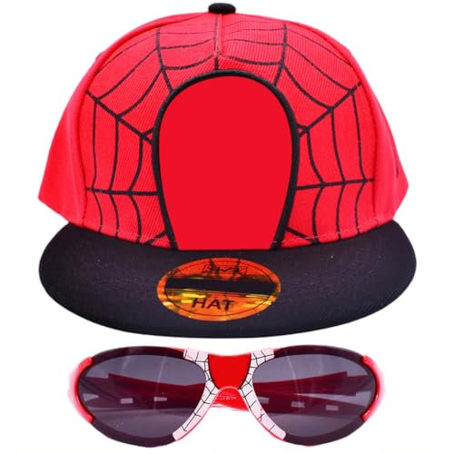 2 Stück Spider Baseball Cap Sonnenbrillen Set,Rot Spider Baseballmütze und Spider Sonnenbrillen Rote Cartoon Sonnenhut Baseballmütze Verstellbarer Baumwolle Sonnenhut Cap für Jungen Mädchen Teenager