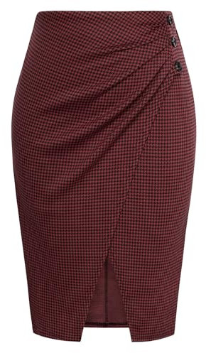 GRACE KARIN Damen Celebrity Military Plaid Skull Print Knielanger Midi-Bleistiftrock für Damen für Party Cocktail Geburtstag Burgunderrot S