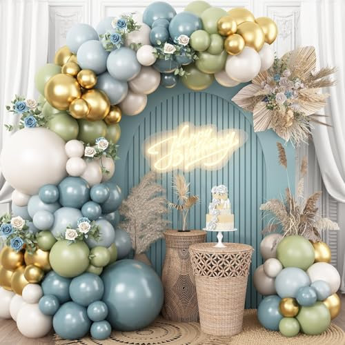 Dusty Blue Green Balloon Garland Kit, Slate blue Haze Fog Blue Sage green Beige Gold Balloon Arch Kit, Pastel Olive green Retro blues Balloons Arch for Birthday Boho Bridal Shower Wedding Decorations