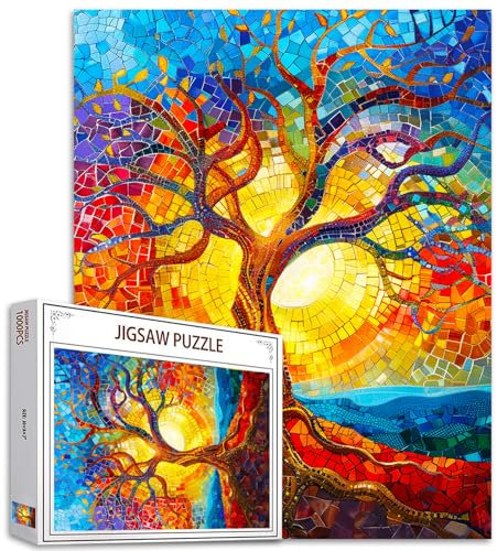 Casse-tête de 1000 pièces pour adultes, charmant arbre de vie, puzzle d'arbre coloré de style mosaïque teintée, activité familiale, parfait pour les soirées de jeu, décoration murale