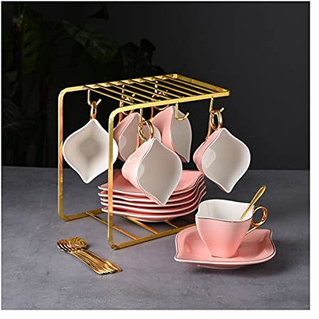 YOUYOUGU mug (loanword) 6-Piece Porcelain Ceramic Coffee Tea, Cups & Saucer Service Include 6 Ceramic Coffee Cup，6 Saucer ，6 Teaspoons and Display Stand ，200ml/6.8oz mugs(A)