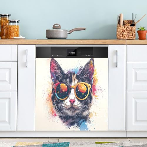 Copertura magnetica per lavastoviglie, motivo gatto con occhiali colorati, copertura magnetica per porta del forno, 58 x 66 cm