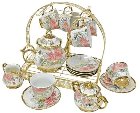 Vintage Tea Cup Set with Metal Holder and Saucer, 22 Piece European Ceramic Coffee Cup Set, with Teapot, Beautiful Tea Set Coffee Serving 6 People, for Women Tea Party Wedding
