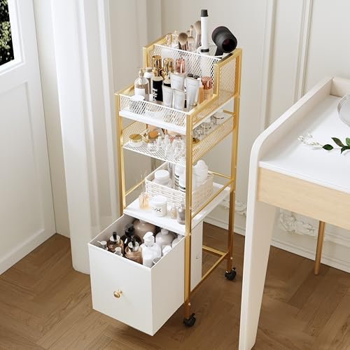 Makeup Organizer Storage Cart with Drawers, Large Floor Makeup Skincare Organizers, Rolling Makeup Cart Vanity Organizer Cosmetics Display Cases Holder for Nail Polish Brush Hair Tool（Gold）