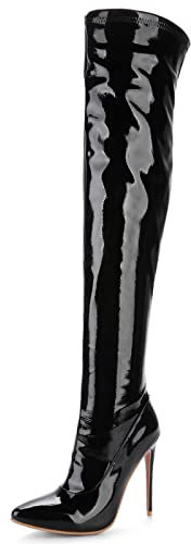 MJIASIAWA Donna Sopra Il Ginocchio Stylish Tacco A Spillo Appuntito Boots Vernice Inverno Festa Eleganti Cordoncino Shiny Stivali Alti Nero Numero 40 EU/41 Asiatico