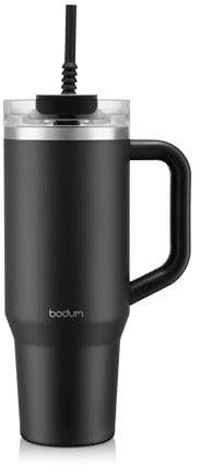 Bodum Travel Mug Vacuum Travel Mug, Stainless Steel, 1.2 L, 40 oz, with Handle and Straw, Painted Black